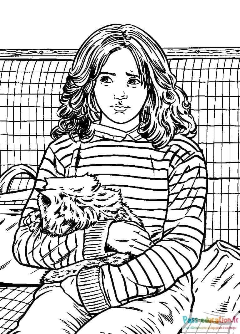 Coloriage Hermione et chat à imprimer et colorier