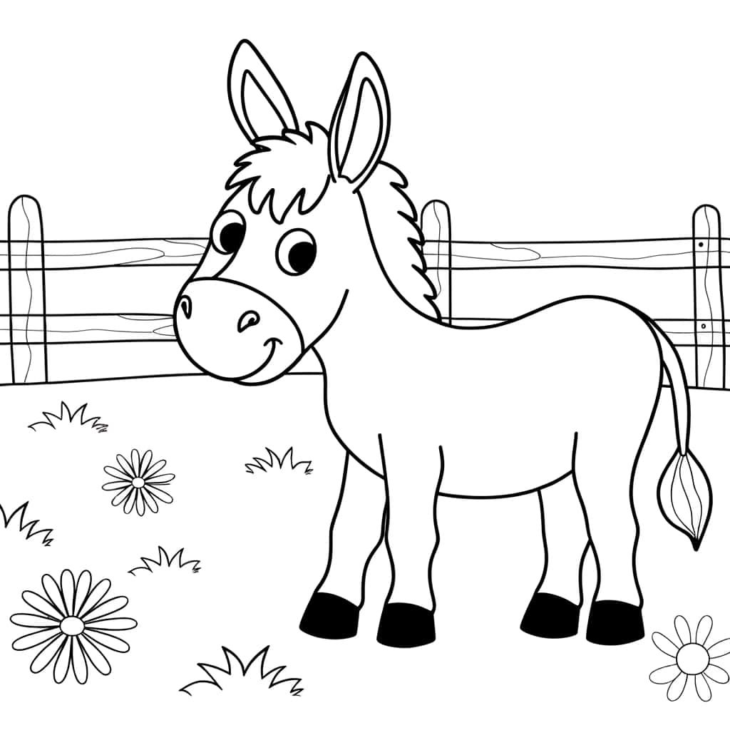 Coloriage Âne dans la prairie à imprimer et colorier