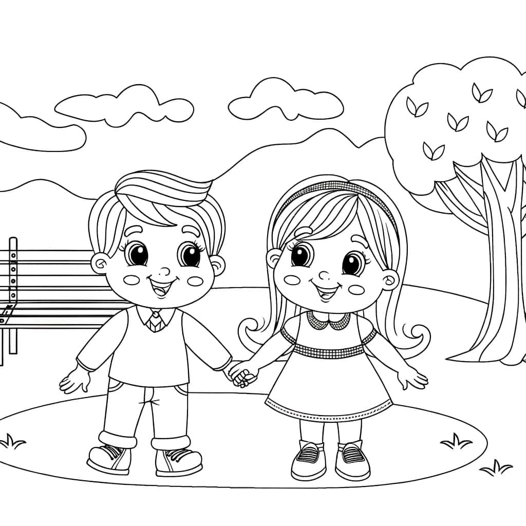 Coloriage Amitié au parc à imprimer et colorier
