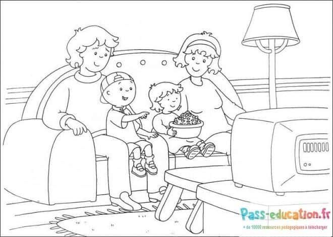 Coloriage Famille devant la TV à imprimer et colorier