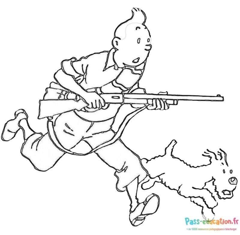 Coloriage Tintin et Milou chasseurs à imprimer et colorier