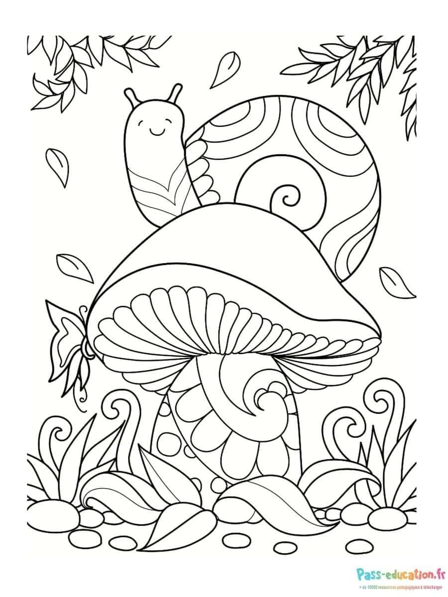 Coloriage Escargot sur champignon à imprimer et colorier
