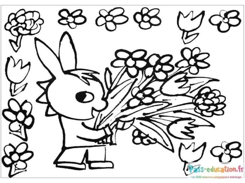 Coloriage Lapin cueillant des fleurs à imprimer et colorier