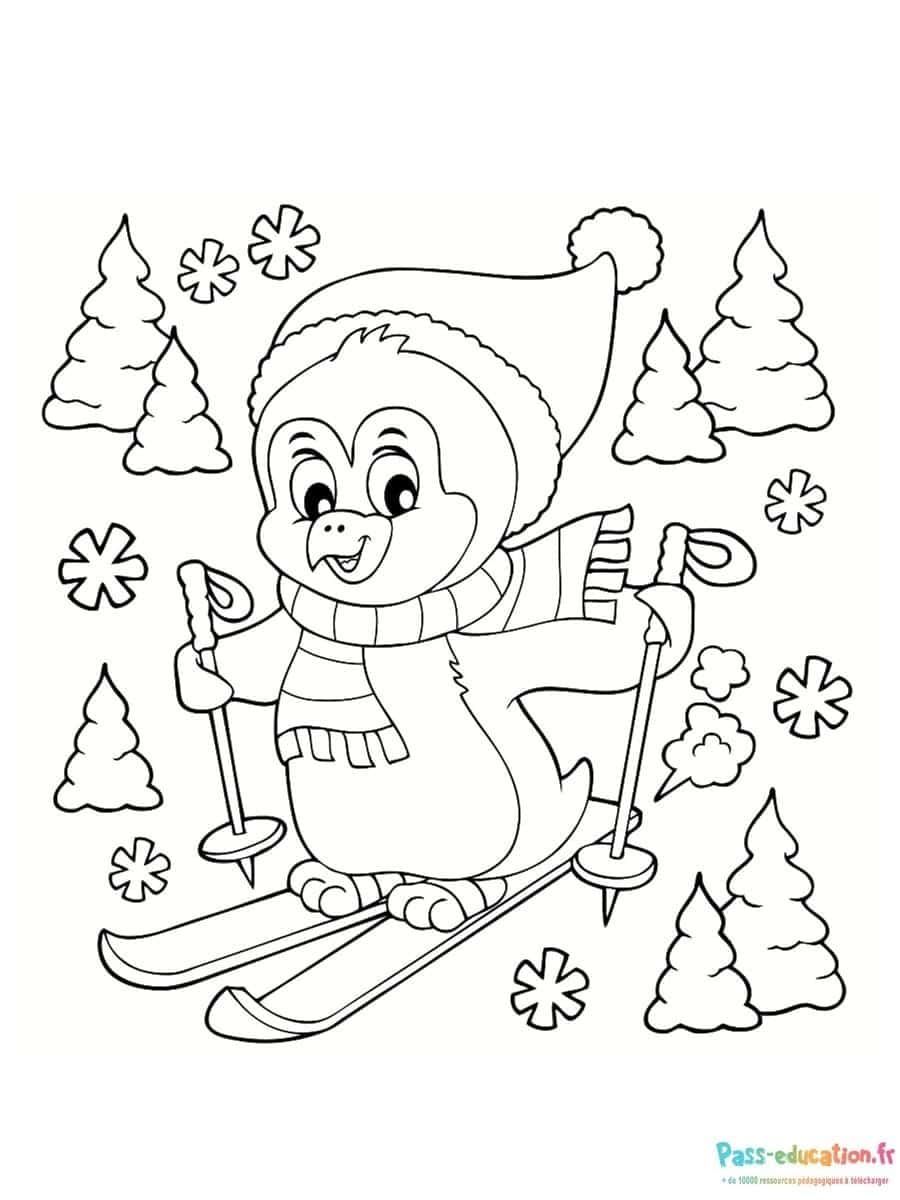 Coloriage Pingouin skieur à imprimer et colorier