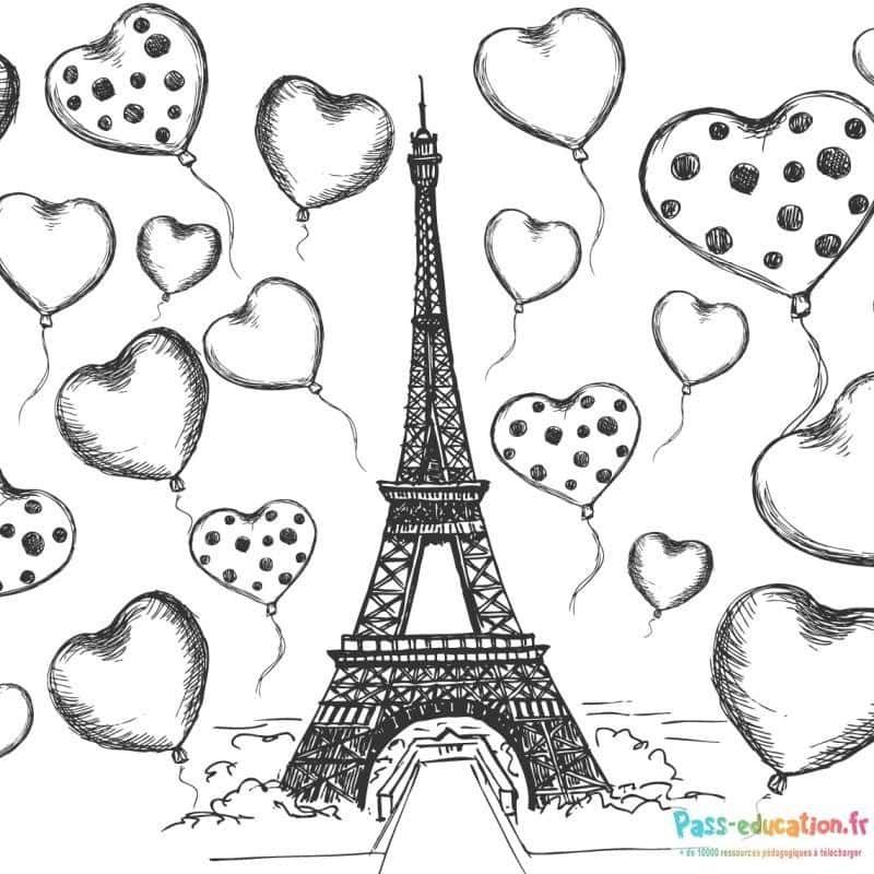 Coloriage Tour Eiffel et ballons à imprimer et colorier