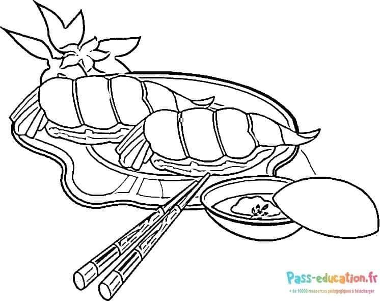 Coloriage Sushi et baguettes à imprimer et colorier