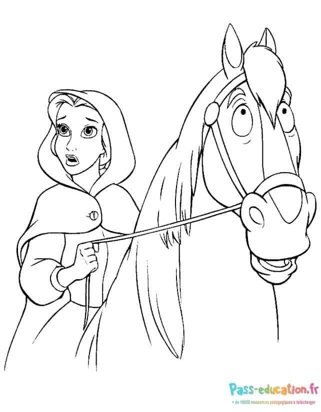 Coloriage Belle et son cheval à imprimer et colorier