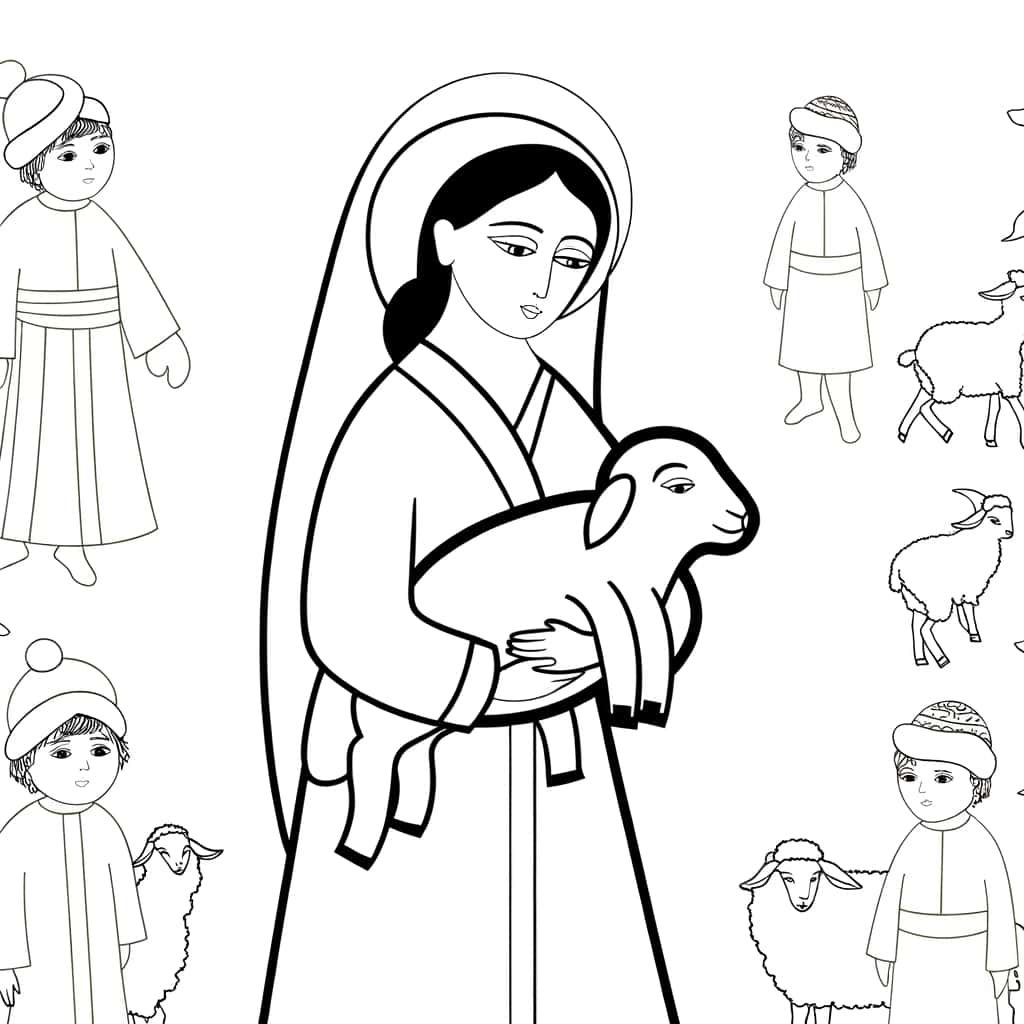 Coloriage Bergère et moutons à imprimer et colorier