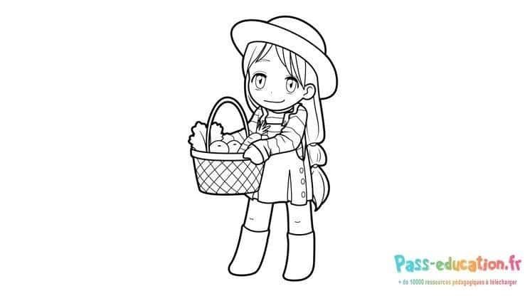 Coloriage Jeune fille manga avec panier à imprimer et colorier