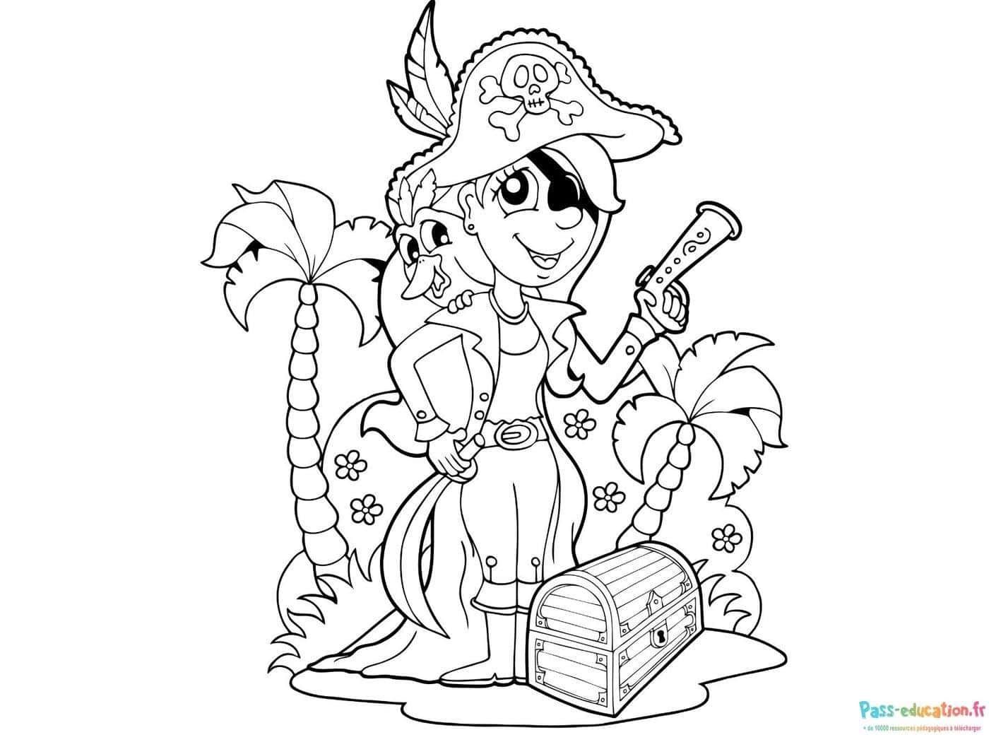 Coloriage Pirate avec perroquet à imprimer et colorier