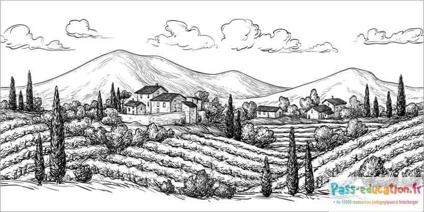 Coloriage Paysage champêtre à imprimer et colorier