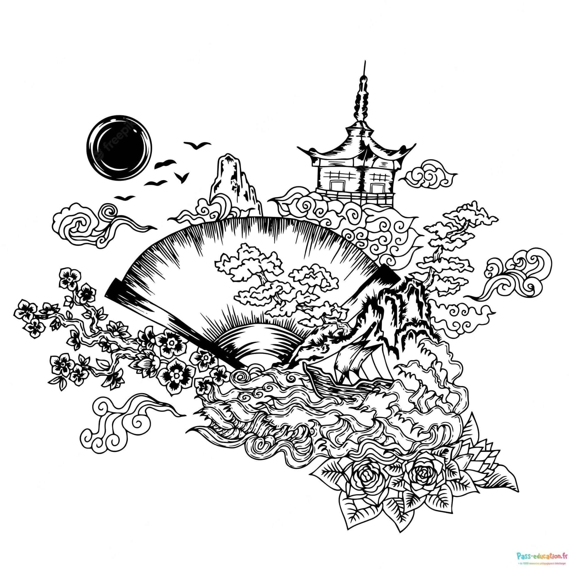 Coloriage Paysage japonais œil à imprimer et colorier