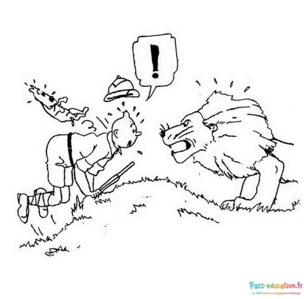 Coloriage Tintin face au lion à imprimer et colorier