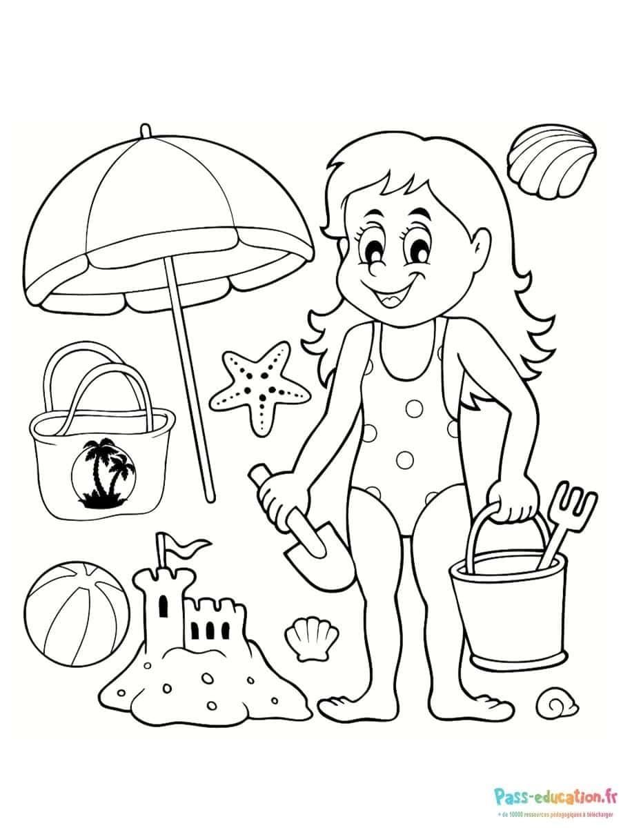 Coloriage Plage et château de sable à imprimer et colorier
