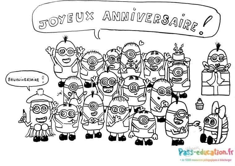 Coloriage Anniversaire Minions à imprimer et colorier
