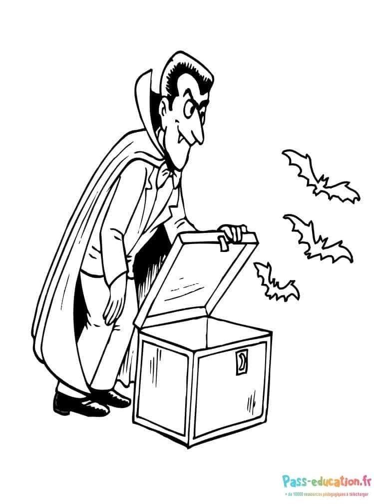 Coloriage Dracula ouvre un coffre à imprimer et colorier