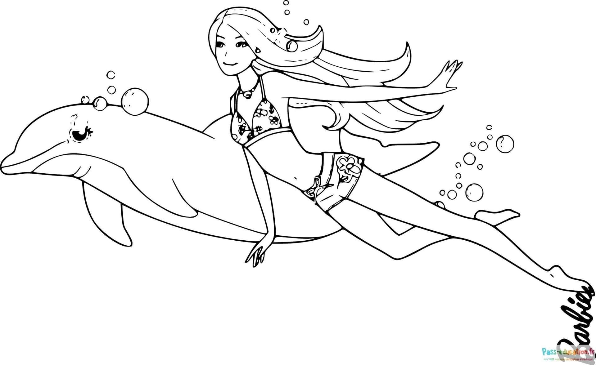 Coloriage Barbie chevauche un dauphin à imprimer et colorier