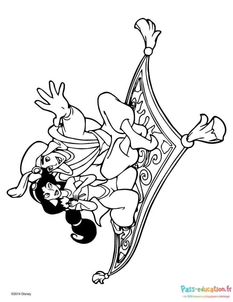 Coloriage Aladdin et Jasmine sur tapis à imprimer et colorier