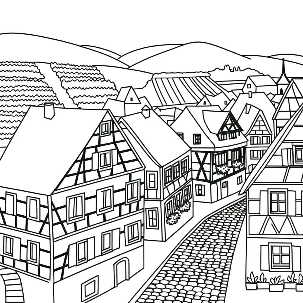 Coloriage Maisons alsaciennes à imprimer et colorier
