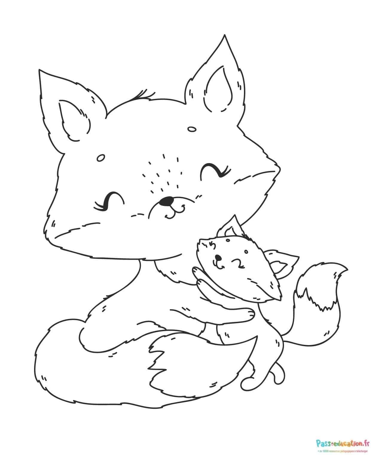 Coloriage Renard et petit à imprimer et colorier