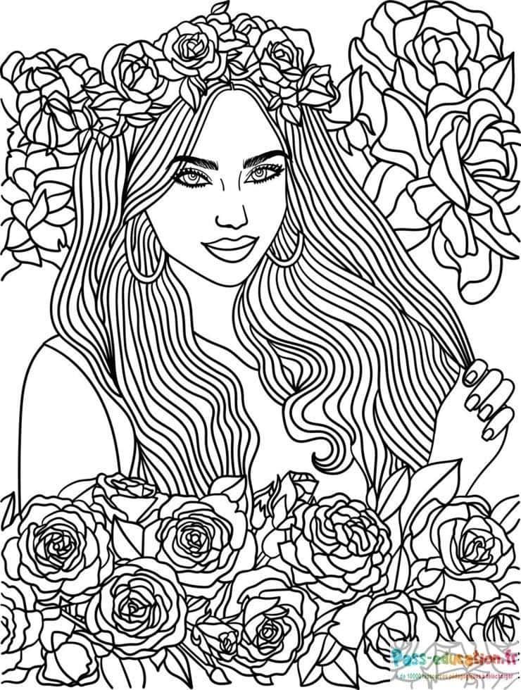 Coloriage Jeune fille et roses à imprimer et colorier