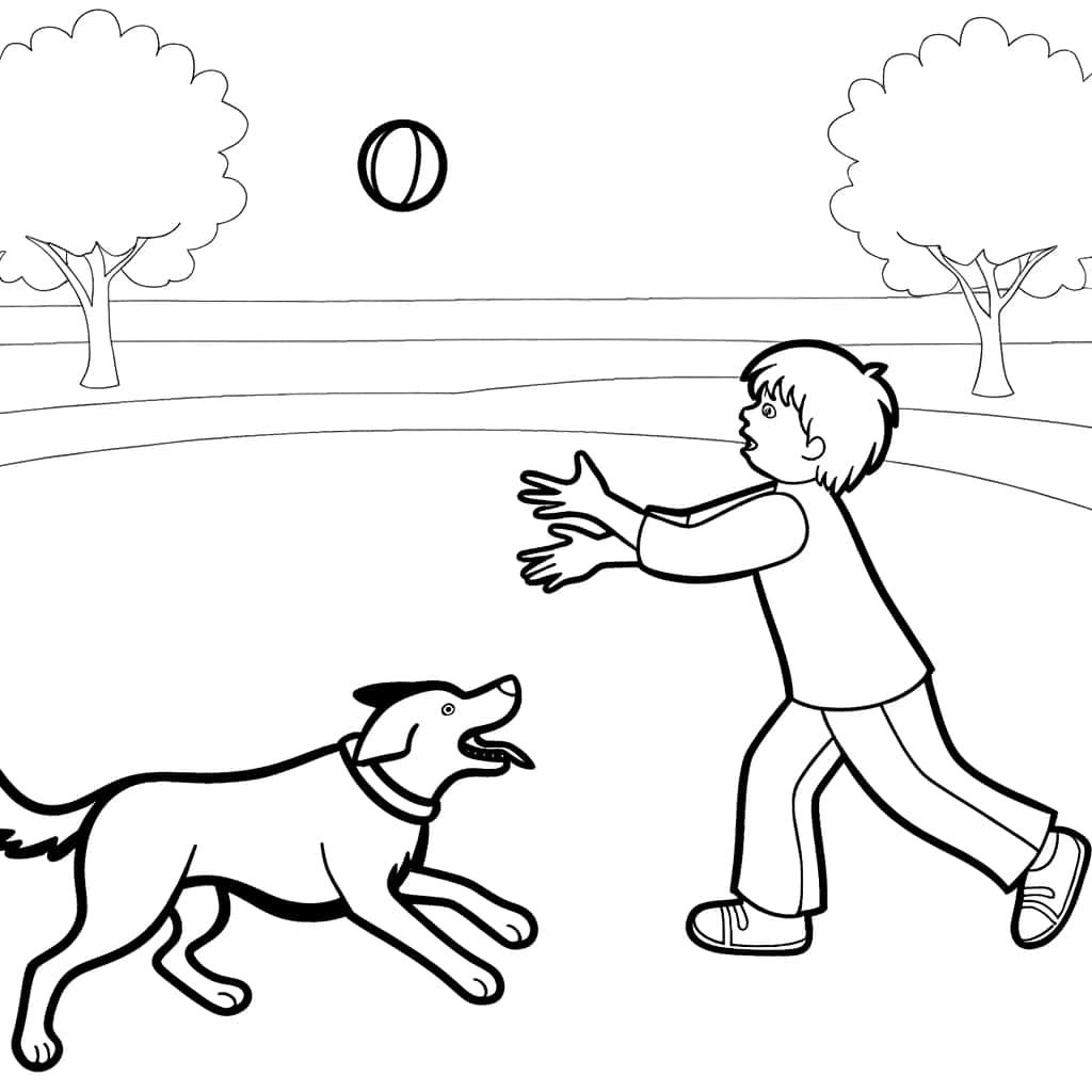 Coloriage Jeune garçon jouant avec chien à imprimer et colorier