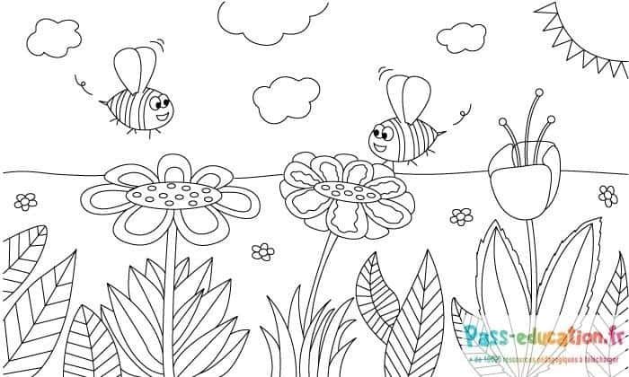Coloriage Abeilles et fleurs à imprimer et colorier
