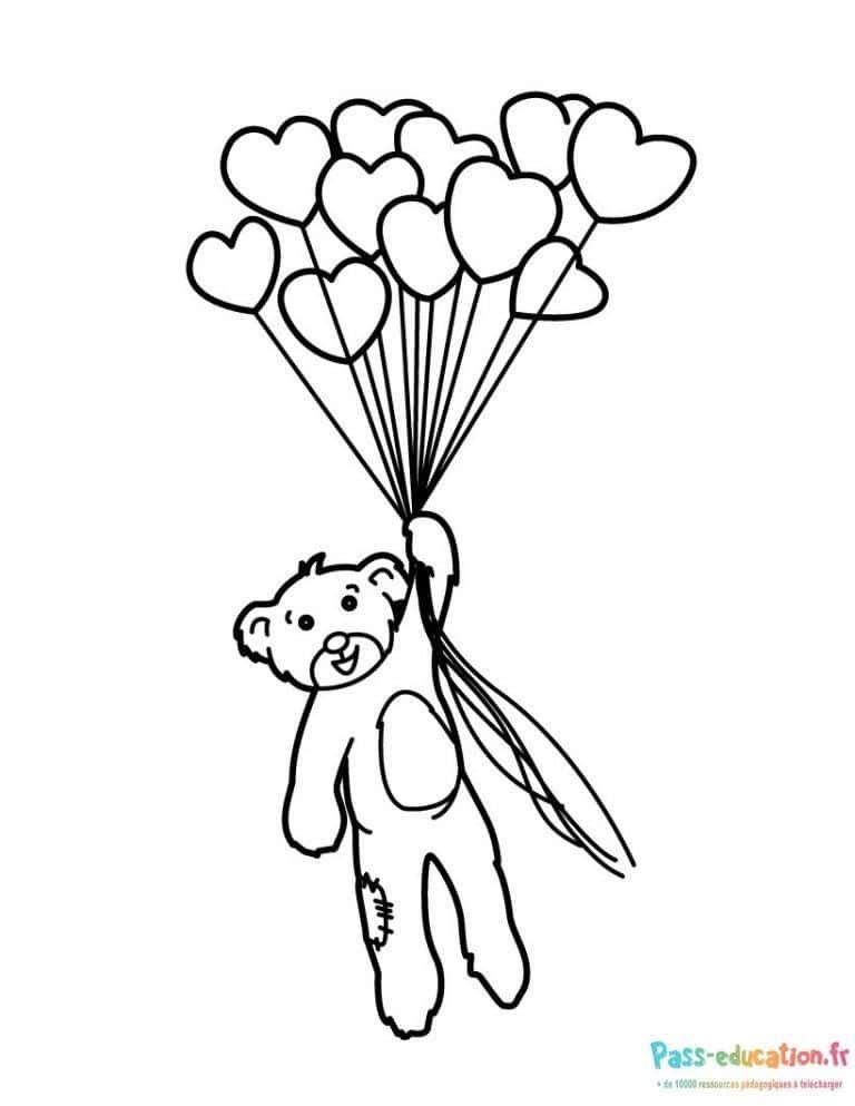 Coloriage Ours avec ballons cœur à imprimer et colorier