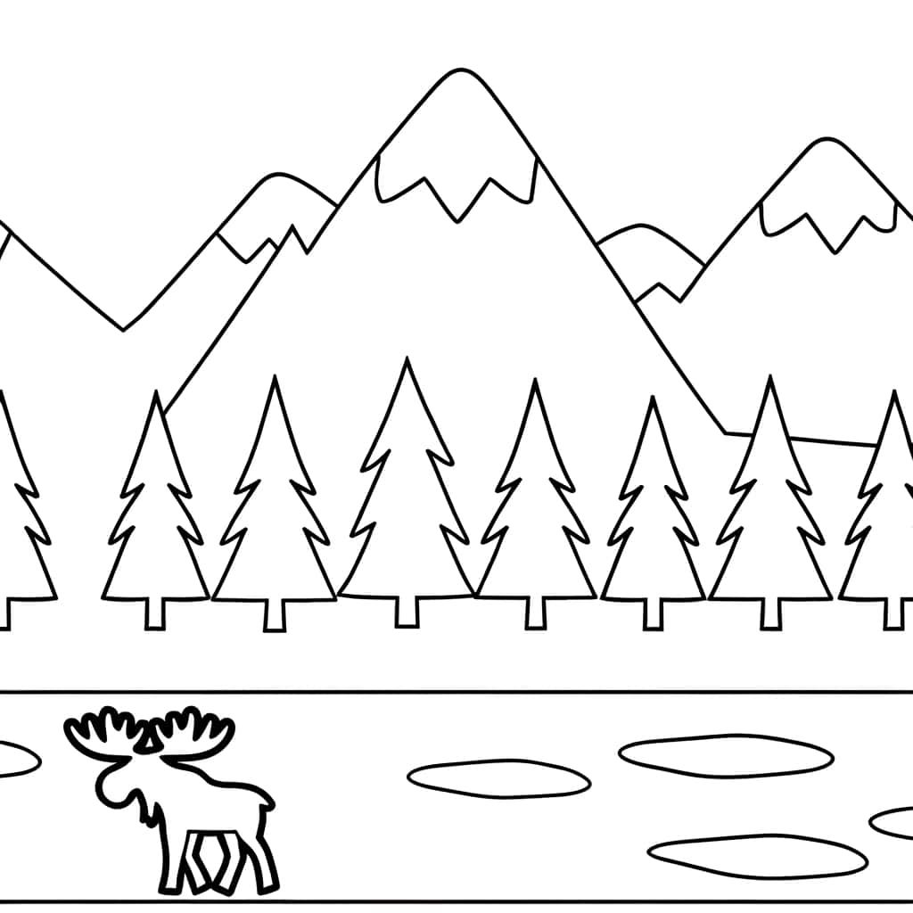 Coloriage Paysage montagneux avec élan à imprimer et colorier