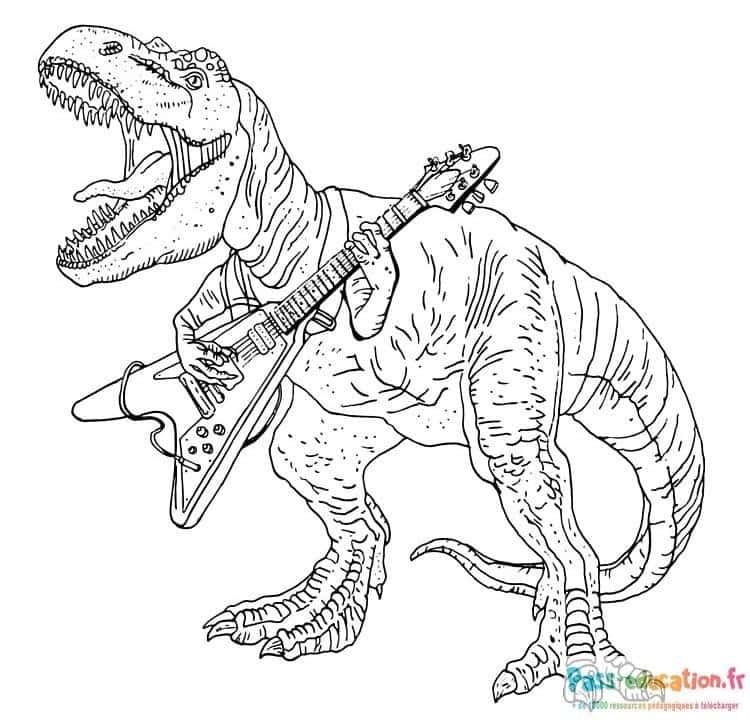 Coloriage T-Rex Guitariste à imprimer et colorier