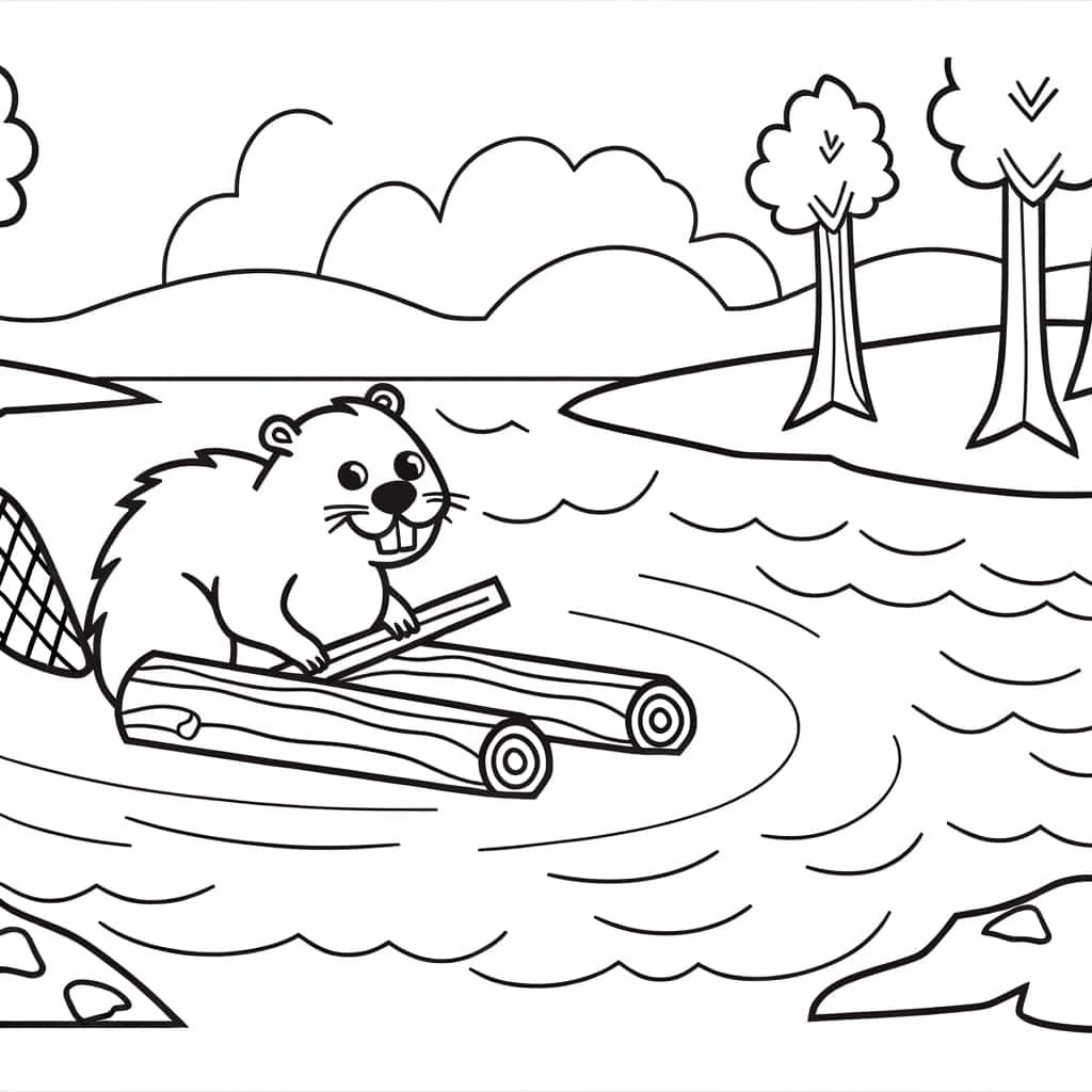 Coloriage Castor sur radeau à imprimer et colorier
