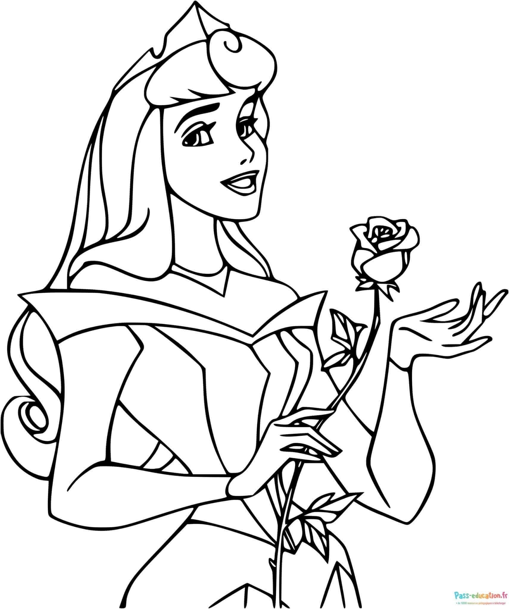 Coloriage Aurore avec rose à imprimer et colorier