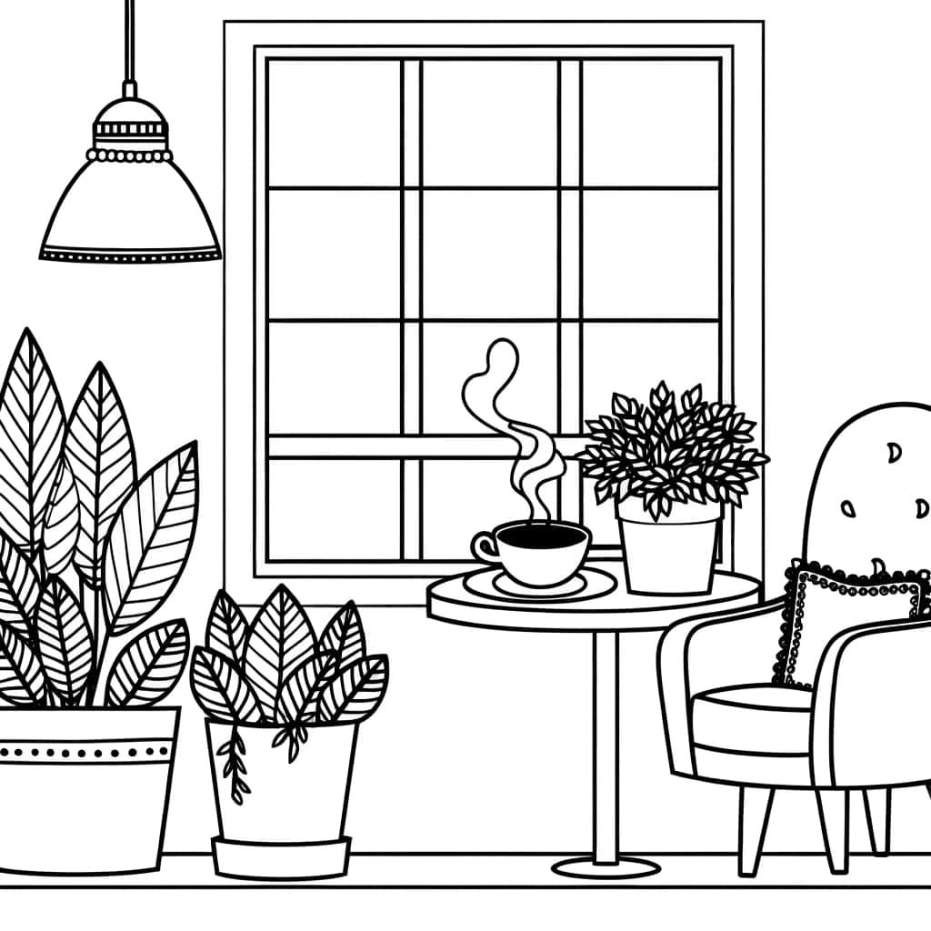 Coloriage Intérieur cosy et plantes à imprimer et colorier