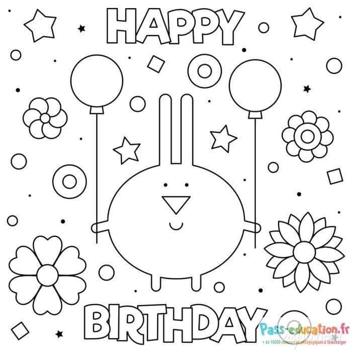 Coloriage Anniversaire joyeux lapin à imprimer et colorier