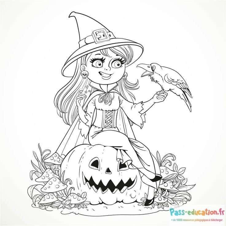 Coloriage Sorcière et citrouille à imprimer et colorier