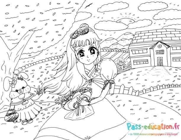 Coloriage Fille manga champêtre à imprimer et colorier