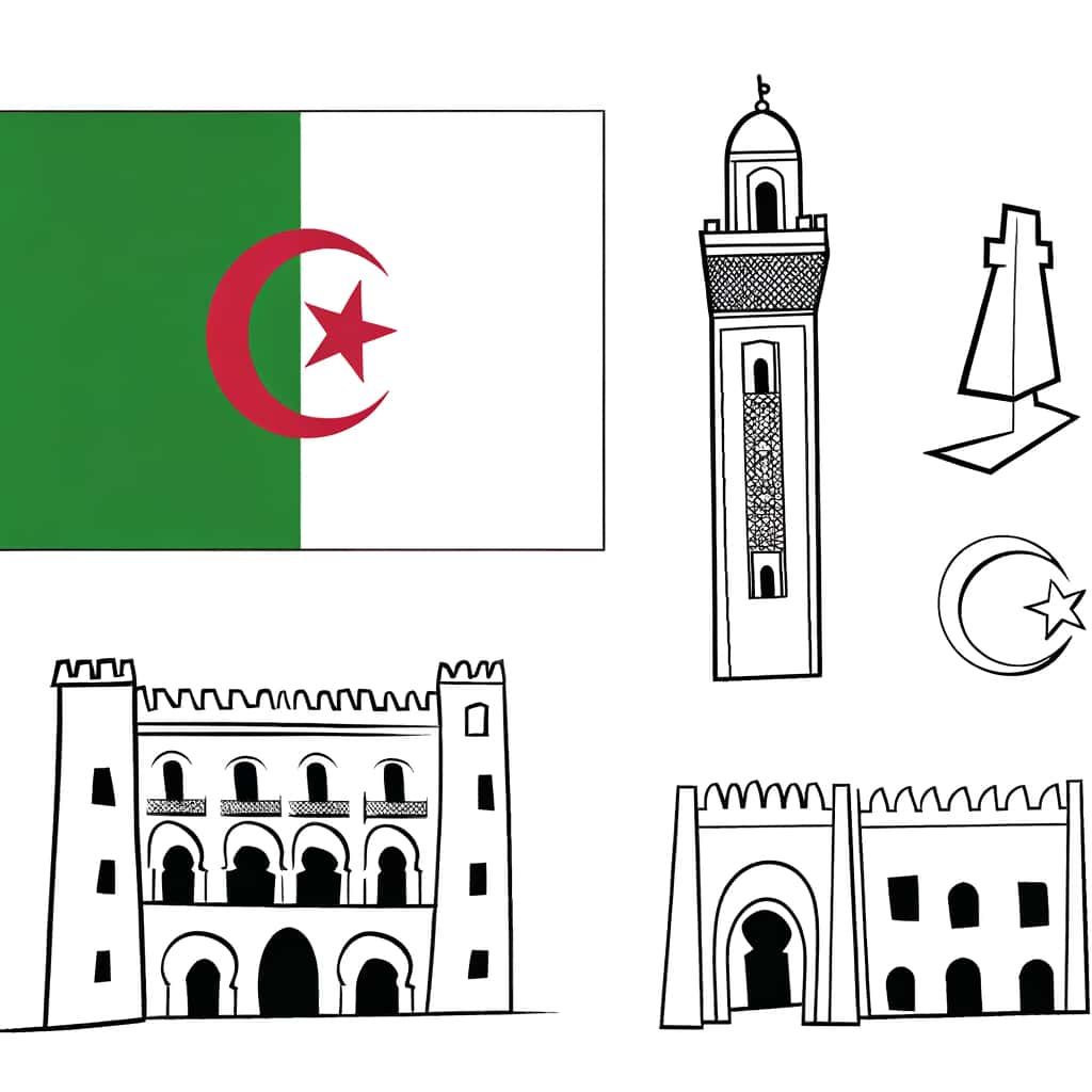 Coloriage Drapeau et monuments Algériens à imprimer et colorier