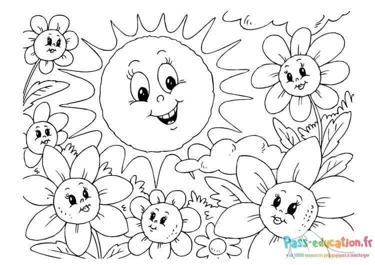 Coloriage Soleil et fleurs souriants à imprimer et colorier