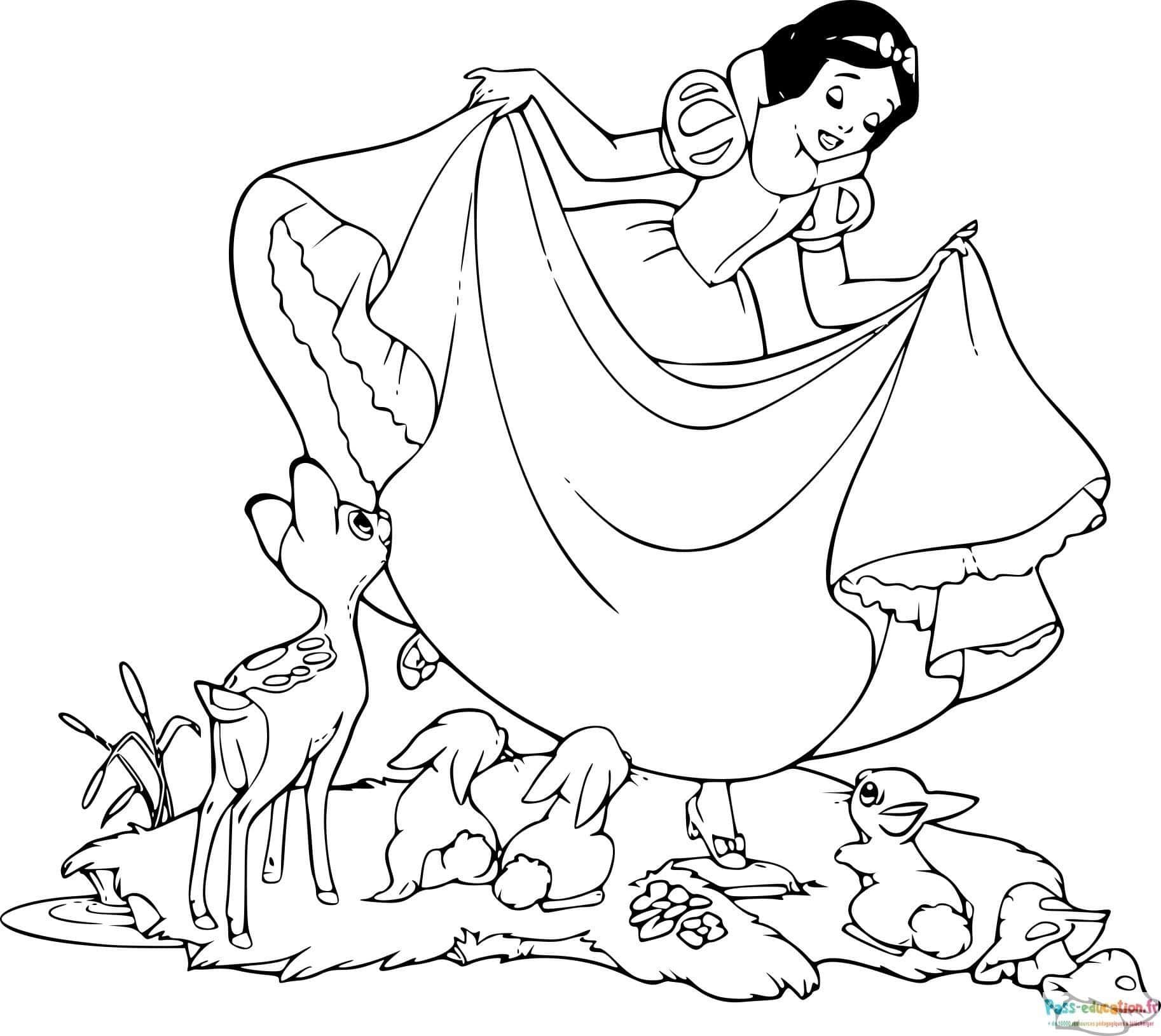 Coloriage Blanche Neige et animaux à imprimer et colorier