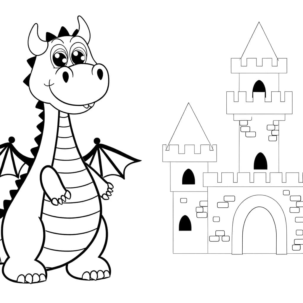 Coloriage Dragon et château à imprimer et colorier