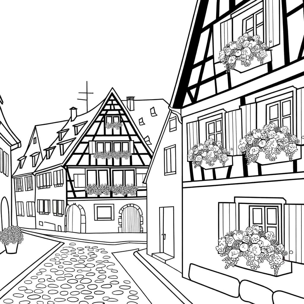 Coloriage Maisons alsaciennes à imprimer et colorier