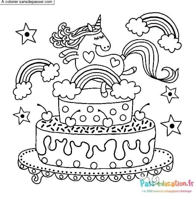 Coloriage Licorne sur gâteau à imprimer et colorier