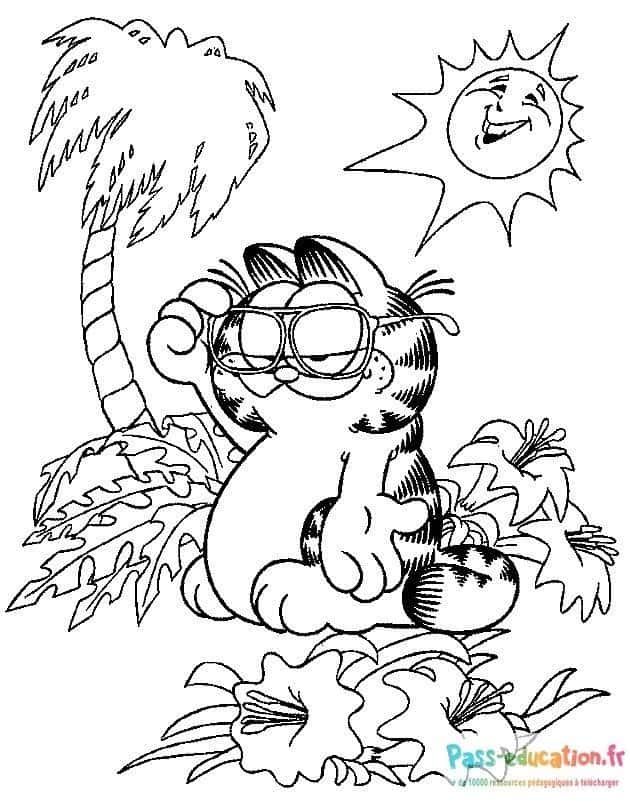 Coloriage Chat sous palmier à imprimer et colorier