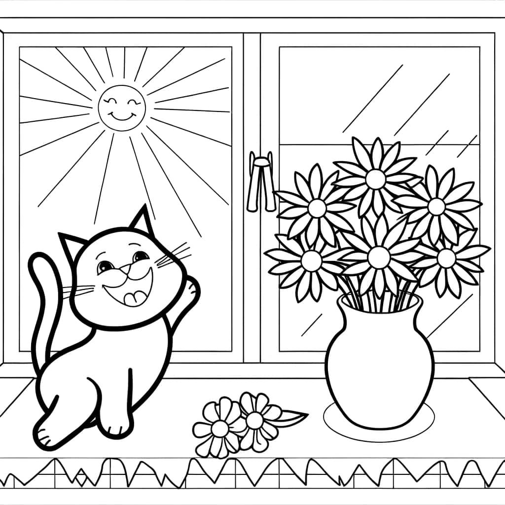Coloriage Chat joyeux à la fenêtre à imprimer et colorier