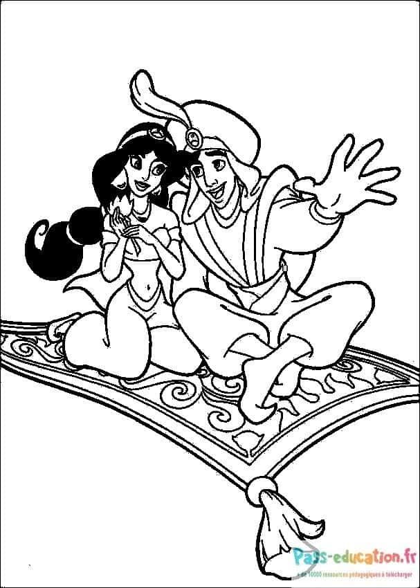 Coloriage Aladdin et Jasmine sur tapis à imprimer et colorier