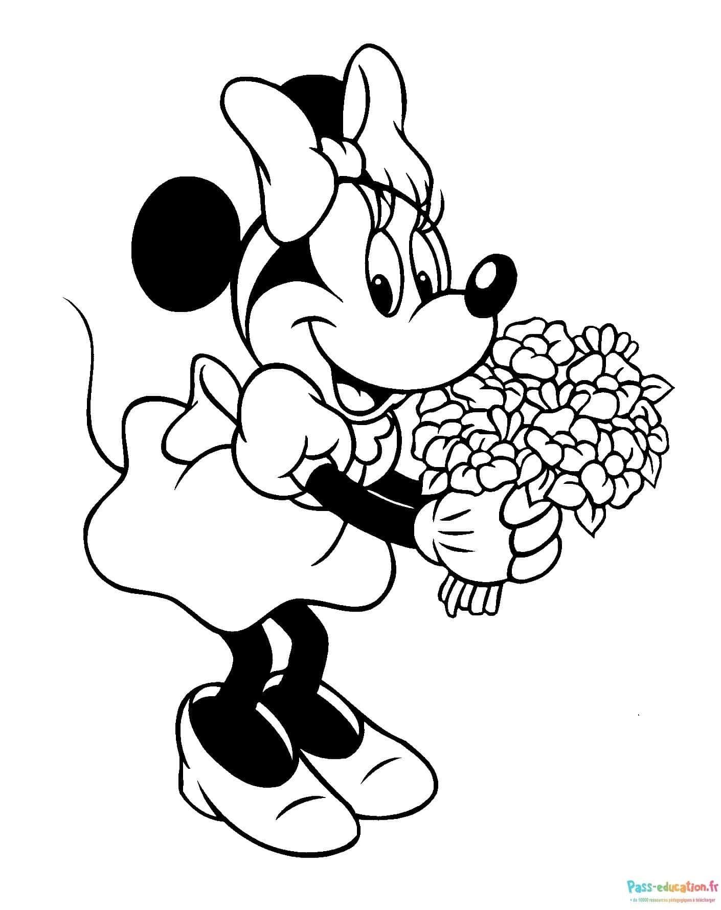 Coloriage Minnie avec des fleurs à imprimer et colorier