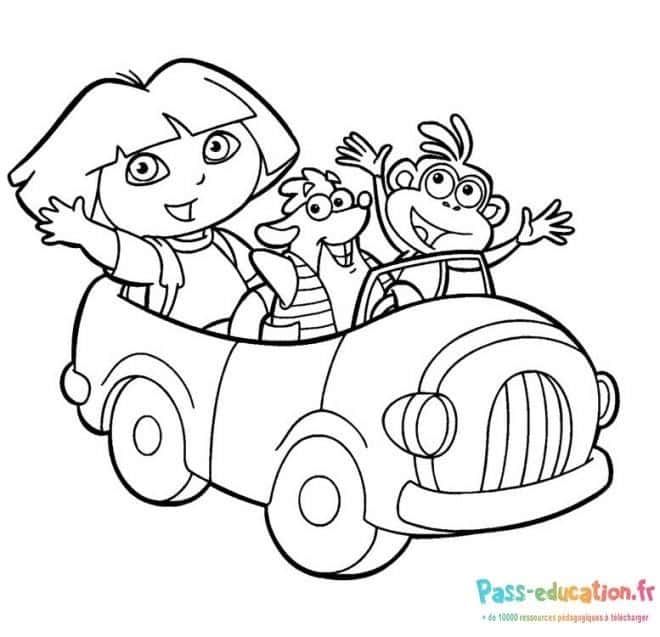 Coloriage Dora et ses amis en voiture à imprimer et colorier