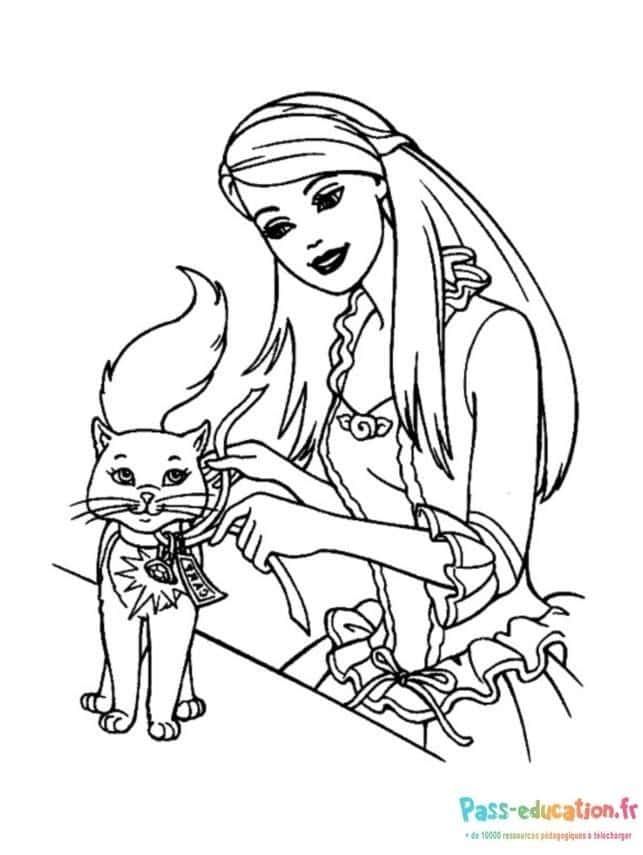 Coloriage Barbie et chat à imprimer et colorier