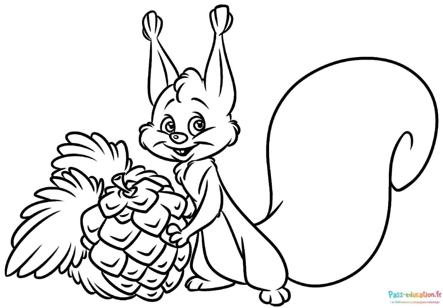 Coloriage Écureuil avec pomme de pin à imprimer et colorier