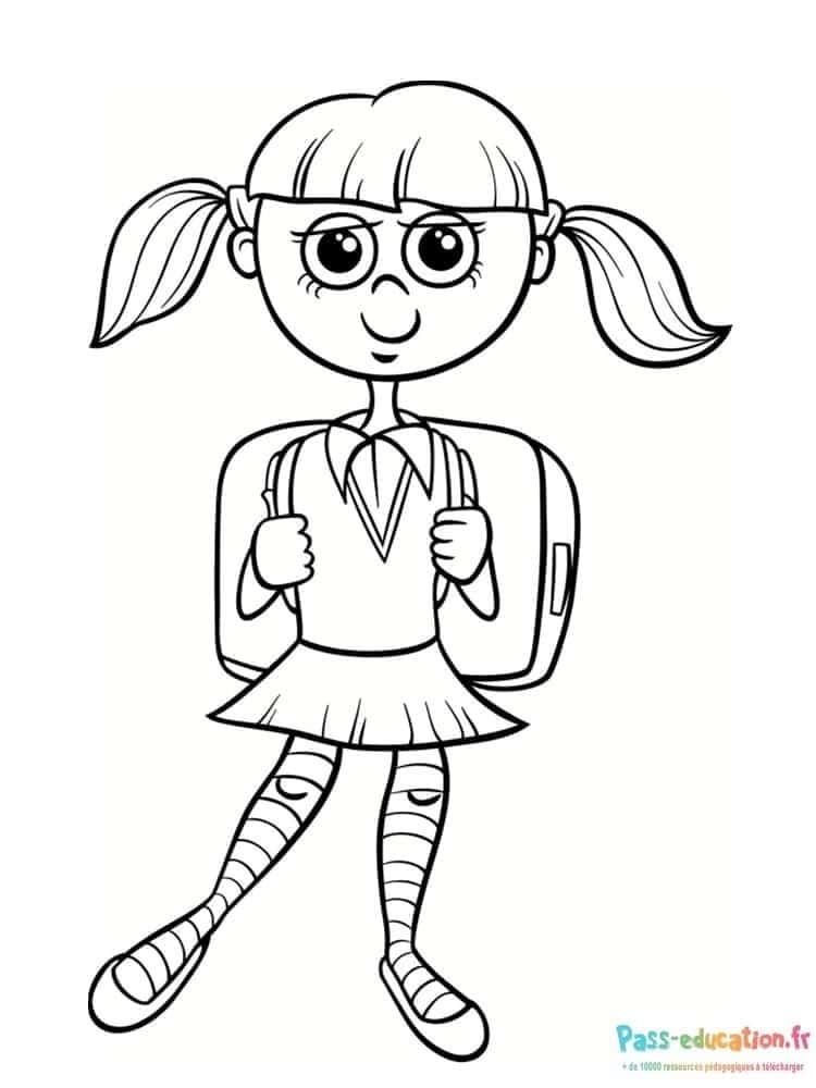 Coloriage Écolière avec cartable à imprimer et colorier